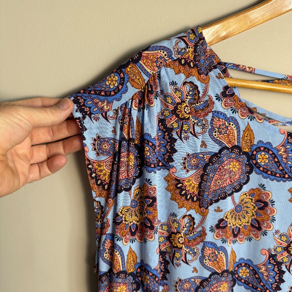 SoyaConcept Women's Floral Short Sleeve Pullover Blouse Blue Large Boho‎ Paisley - Picture 2 of 12